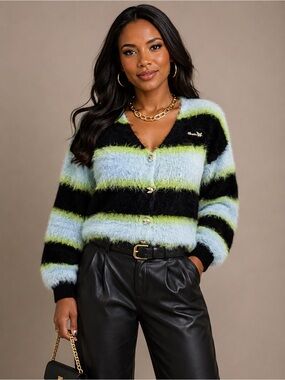 Denim & Butterfly Fuzzy Striped Button Cardigan Sweater Medium